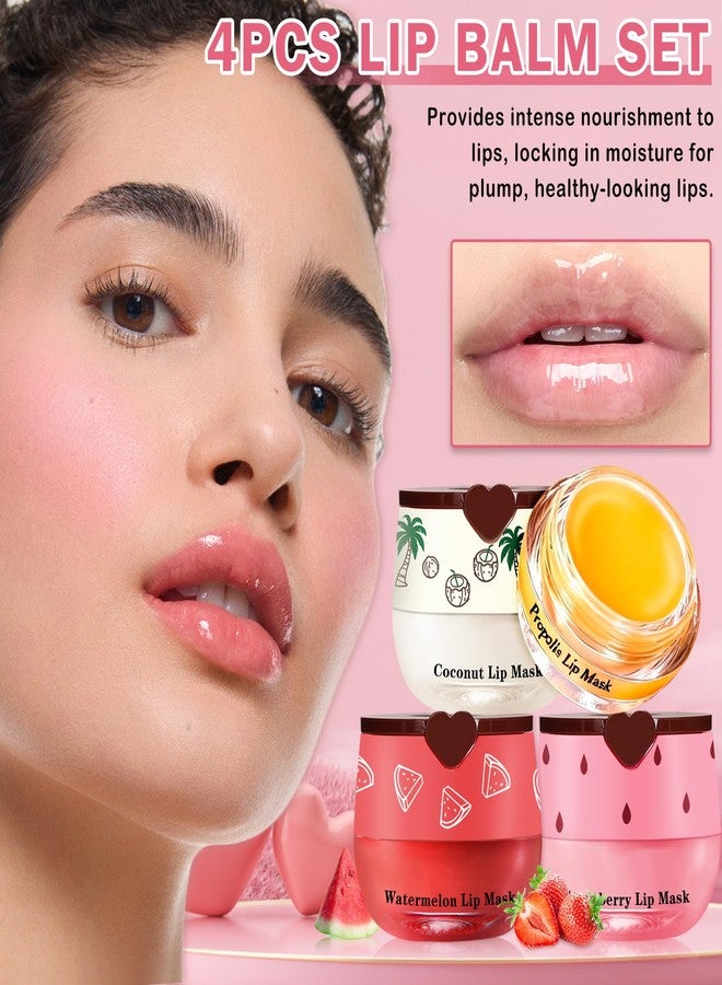 كيو اي يو اف اس اس اي مجموعة مرطب شفاه QIUFSSE Honey Pot، 4 قطع، مرطب شفاه بنكهة الفراولة والبطيخ وجوز الهند والعسل، مرطب شفاه النحل ومرمم، قناع ليلي للوقاية من جفاف وتشقق الشفاه - Image 2